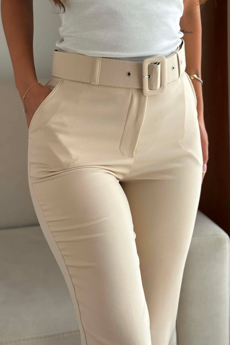 ONE COLOR BELT DETAIL WOMAN TROUSERS CREAM/KREM - 4