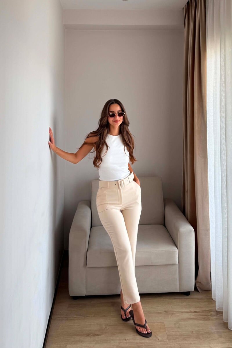 ONE COLOR BELT DETAIL WOMAN TROUSERS CREAM/KREM - 5