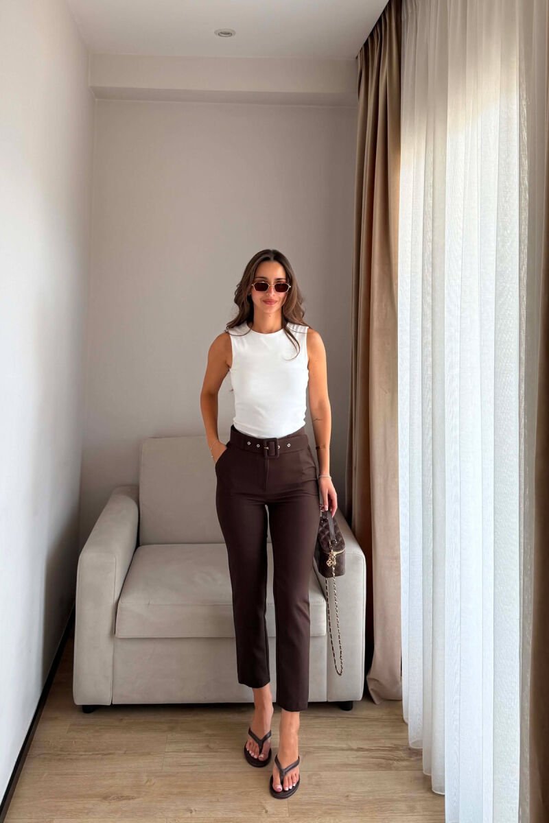 ONE COLOR BELT DETAIL WOMAN TROUSERS DARK BROWN/KAE - 1