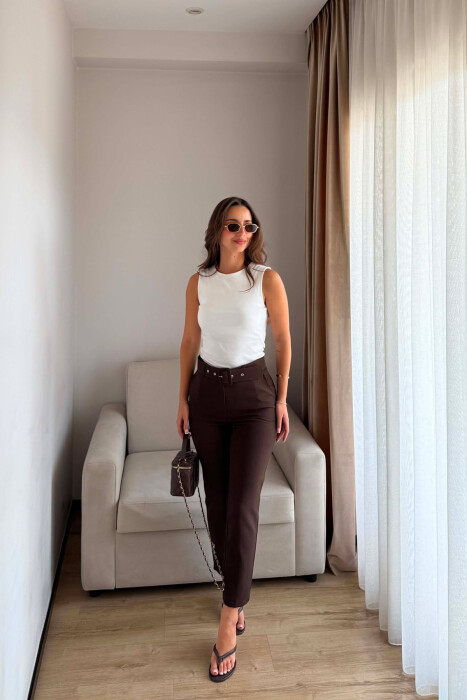 ONE COLOR BELT DETAIL WOMAN TROUSERS DARK BROWN/KAE - 4
