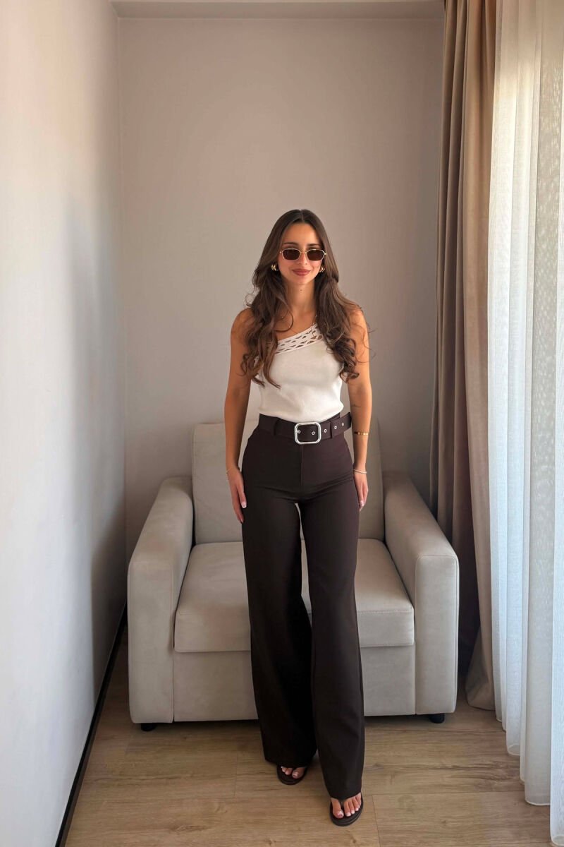 ONE COLOR BELT DETAIL WOMAN TROUSERS DARK BROWN/KAE - 2