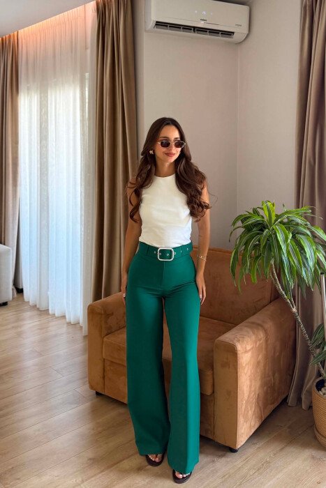 ONE COLOR BELT DETAIL WOMAN TROUSERS GREEN/JESHILE - 1