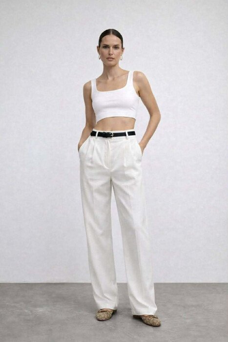 ONE COLOR BELT DETAIL WOMAN TROUSERS WHITE-E BARDHE 