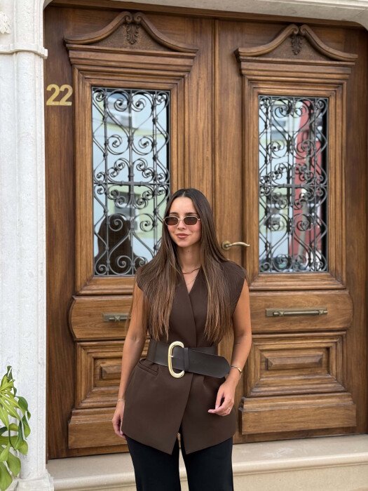 ONE COLOR BELT DETAIL WOMAN VEST BROWN/KAFE - 3