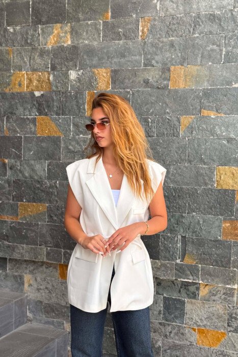 ONE COLOR BELT DETAIL WOMAN VEST WHITE-E BARDHE - KLAUDIO FASHION