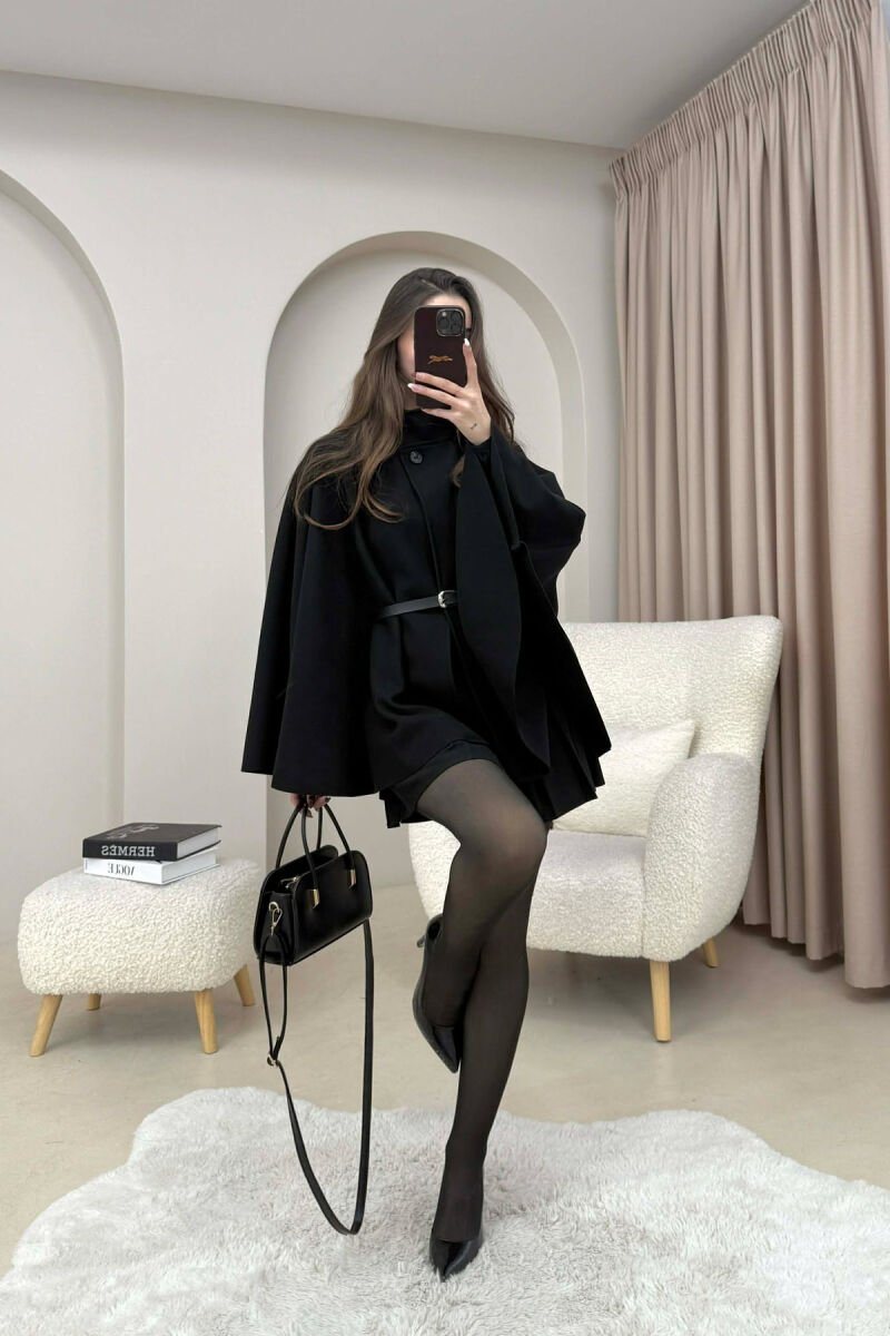ONE COLOR BELT DETAIL WOMEN CAPE COAT BLACK/ E ZEZE - 3