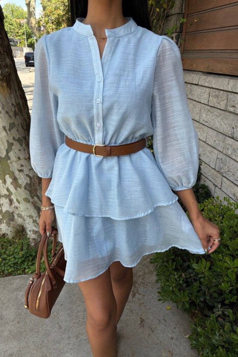 ONE COLOR BELT DETAIL WOMEN DRESS LIGHTBLUE/BZ - 4