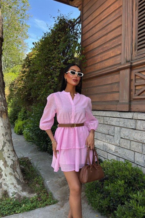 ONE COLOR BELT DETAIL WOMEN DRESS PINK/ROZE - 1