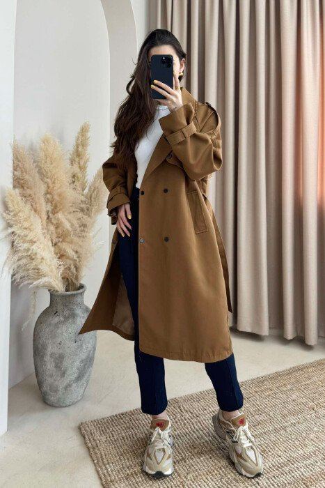 ONE COLOR BELT DETAIL WOMEN JACKET BROWN/KAFE - 2