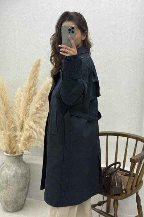 ONE COLOR BELT DETAIL WOMEN JACKET DARK BLUE/BEE - 6
