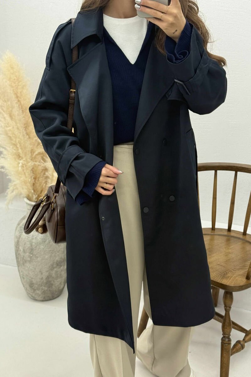 ONE COLOR BELT DETAIL WOMEN JACKET DARK BLUE/BEE - 9