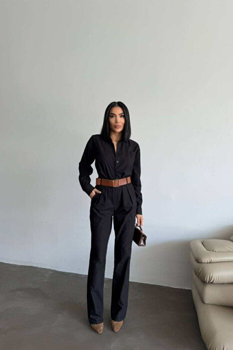 JUMPSUIT NJË NGJYRËSH ME DETAJIN E RRIPIT PËR FEMRA NË NGJYRË TË ZEZË - KLAUDIO FASHION