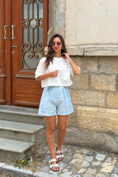 ONE COLOR BELT DETAIL WOMEN SHORT PANTS LIGHTBLUE/BZ - 2