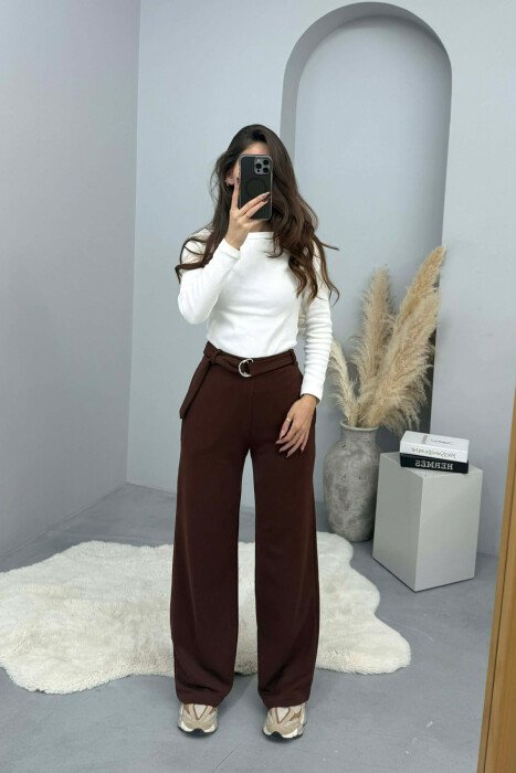 ONE COLOR BELT DETAIL WOMEN SWEATPANTS BROWN/KAFE 