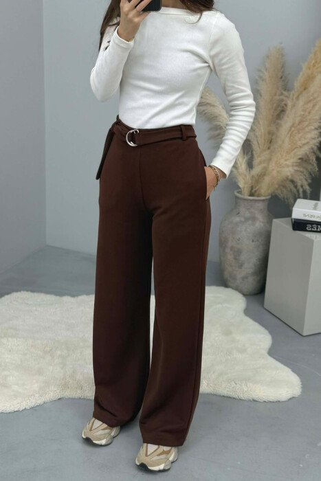 ONE COLOR BELT DETAIL WOMEN SWEATPANTS BROWN/KAFE - 3