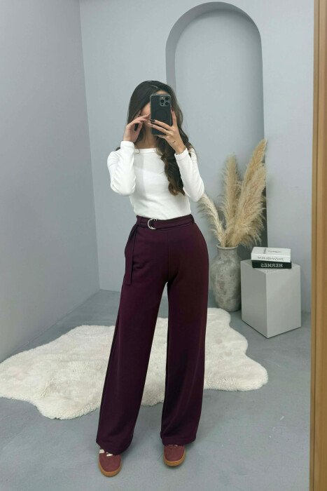 ONE COLOR BELT DETAIL WOMEN SWEATPANTS BURGUNDY/VISHNJE 