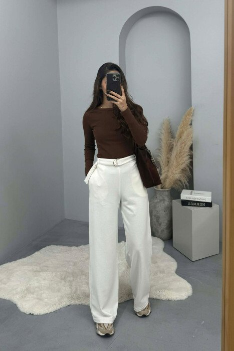 ONE COLOR BELT DETAIL WOMEN SWEATPANTS WHITE-E BARDHE 
