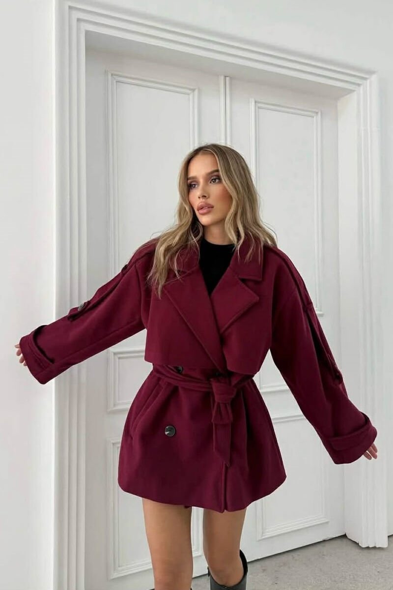 ONE COLOR BELT DETAIL WOMEN TRENCH COAT BURGUNDY/VISHNJE - 1
