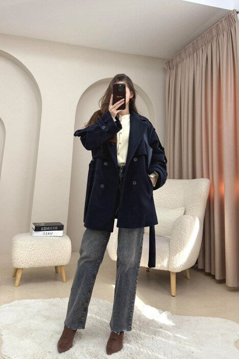 ONE COLOR BELT DETAIL WOMEN TRENCH COAT DARK BLUE/BEE - 2