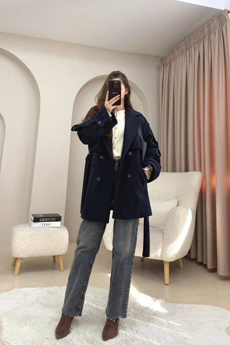 ONE COLOR BELT DETAIL WOMEN TRENCH COAT DARK BLUE/BEE - 2