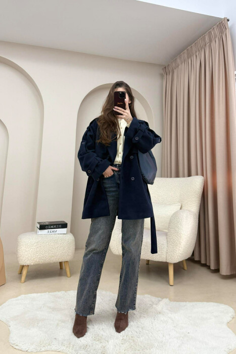 ONE COLOR BELT DETAIL WOMEN TRENCH COAT DARK BLUE/BEE - 4