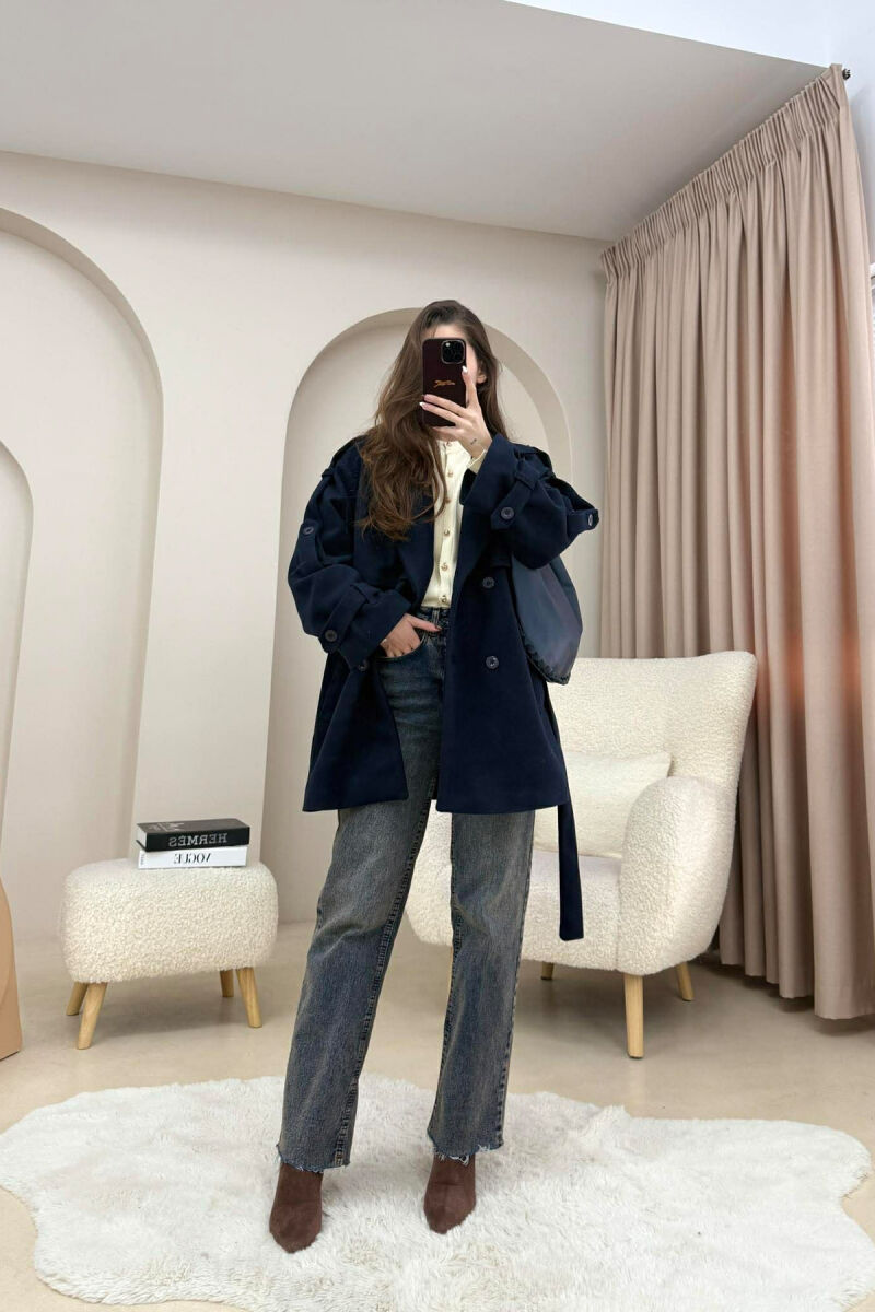 ONE COLOR BELT DETAIL WOMEN TRENCH COAT DARK BLUE/BEE - 4
