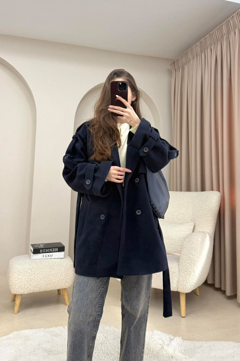 ONE COLOR BELT DETAIL WOMEN TRENCH COAT DARK BLUE/BEE - 3