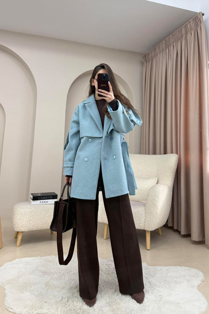 ONE COLOR BELT DETAIL WOMEN TRENCH COAT LIGHTBLUE/BZ - 2