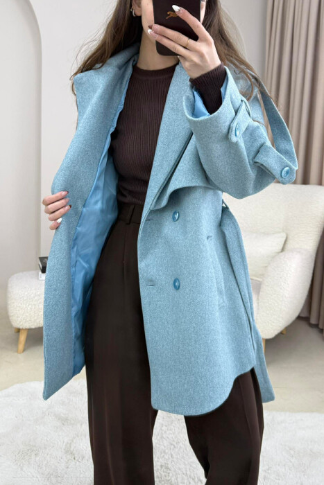 ONE COLOR BELT DETAIL WOMEN TRENCH COAT LIGHTBLUE/BZ - 3