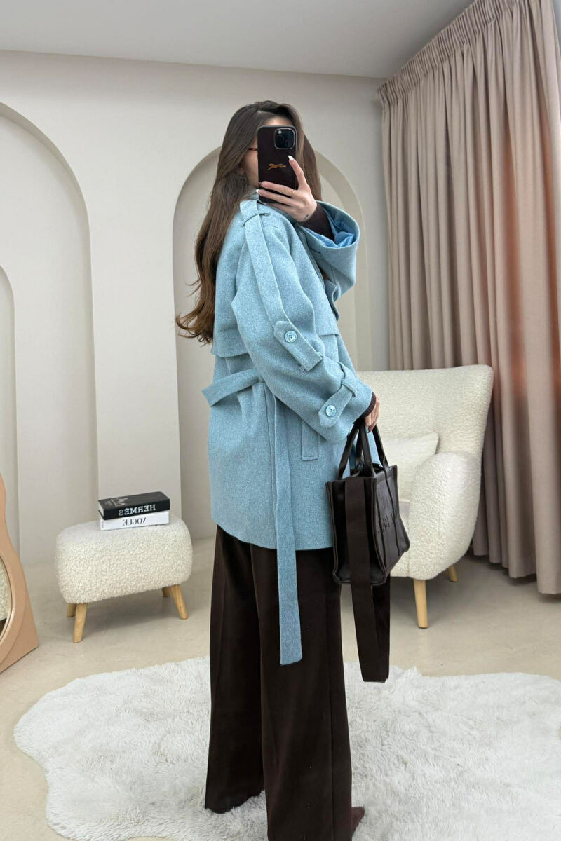 ONE COLOR BELT DETAIL WOMEN TRENCH COAT LIGHTBLUE/BZ - 4