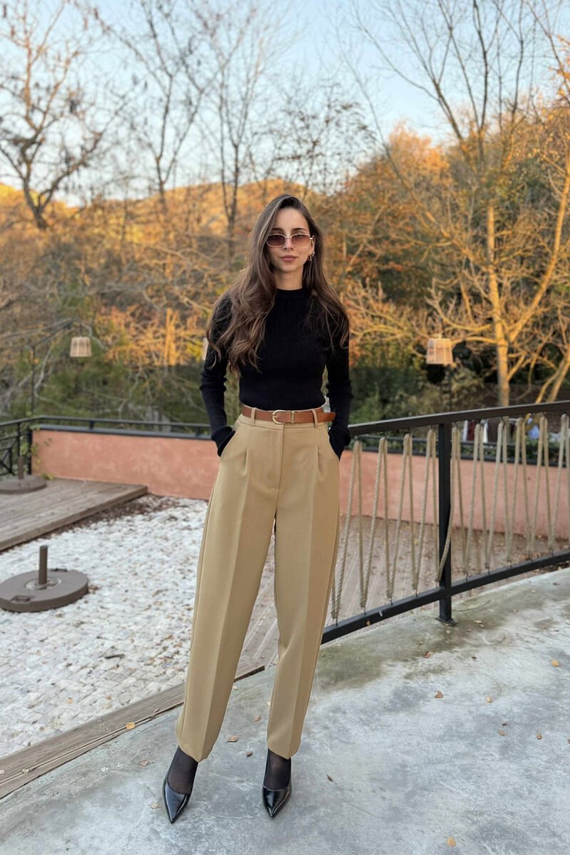 ONE COLOR BELT DETAIL WOMEN TROUSERS BEIGE/BEZHE - 2