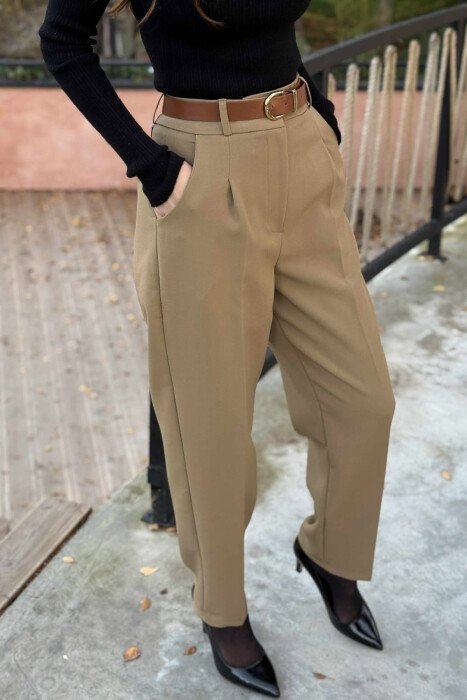 ONE COLOR BELT DETAIL WOMEN TROUSERS BEIGE/BEZHE - 3