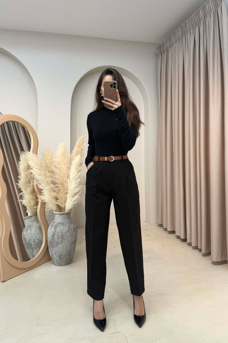 ONE COLOR BELT DETAIL WOMEN TROUSERS BLACK/ E ZEZE - 1