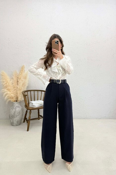 ONE COLOR BELT DETAIL WOMEN TROUSERS BLUE/BLU - 1