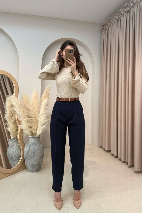 ONE COLOR BELT DETAIL WOMEN TROUSERS BLUE/BLU - 3