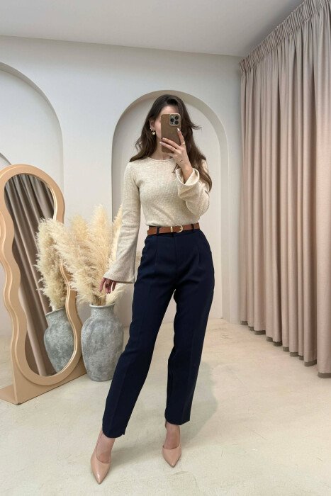 ONE COLOR BELT DETAIL WOMEN TROUSERS BLUE/BLU - 5
