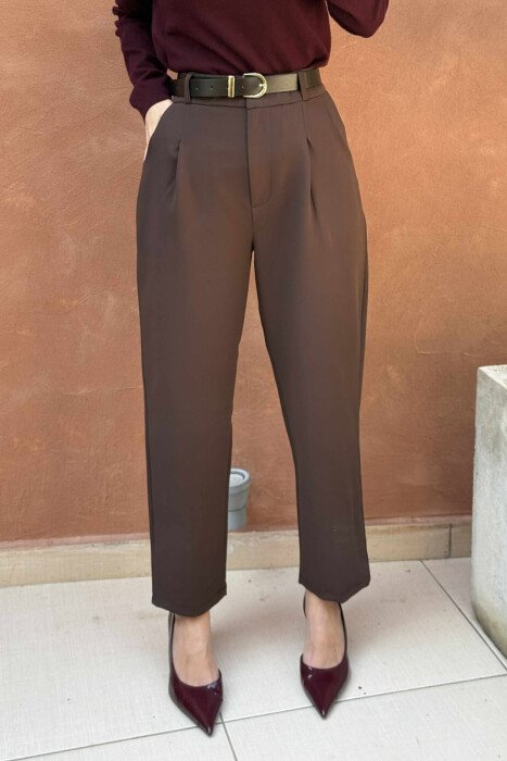 ONE COLOR BELT DETAIL WOMEN TROUSERS BROWN/KAFE 