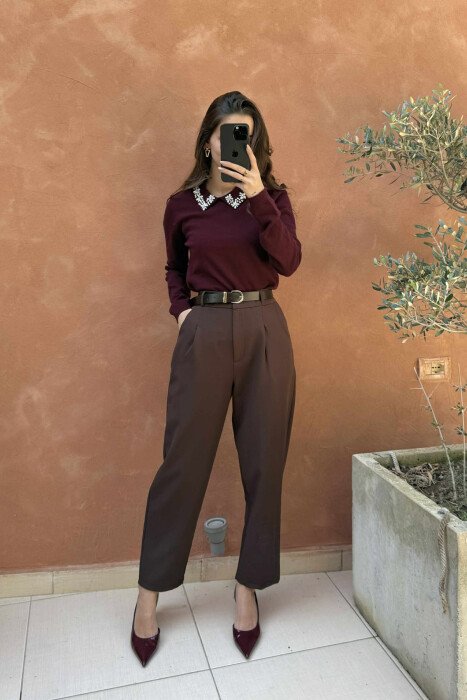 ONE COLOR BELT DETAIL WOMEN TROUSERS BROWN/KAFE - 2