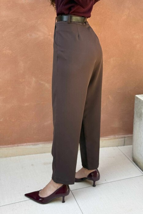 ONE COLOR BELT DETAIL WOMEN TROUSERS BROWN/KAFE - 4