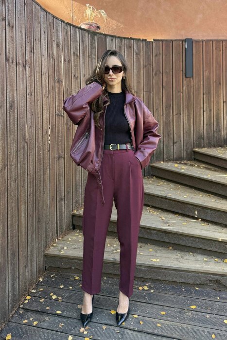 ONE COLOR BELT DETAIL WOMEN TROUSERS BURGUNDY/VISHNJE - 1