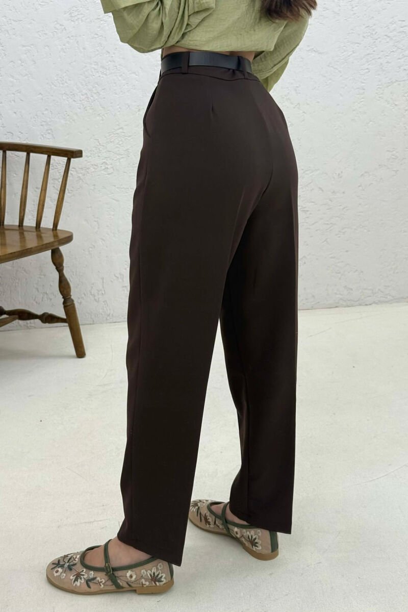 ONE COLOR BELT DETAIL WOMEN TROUSERS DARK BROWN/KAE - 4