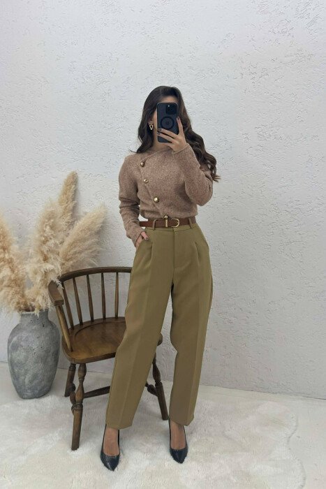 PANTALLONA NJË NGJYRËSHE ME DETAJIN E RRIPIT PËR FEMRA NË NGJYRË KAKI E ERRËT - KLAUDIO FASHION