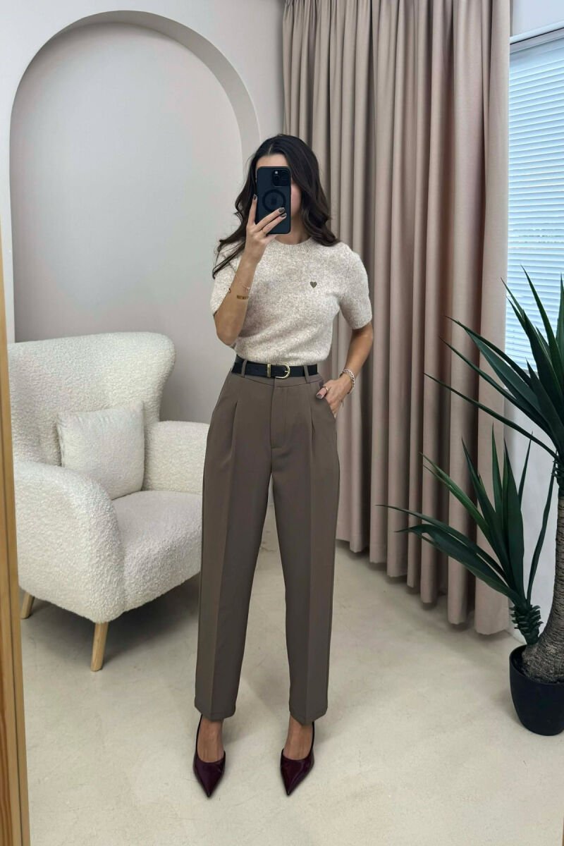 ONE COLOR BELT DETAIL WOMEN TROUSERS LIGHT BROWN/KAZB - 1