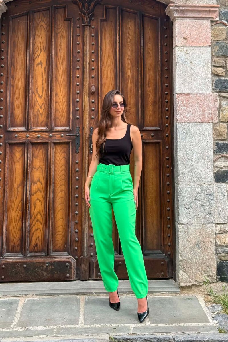 ONE COLOR BELT DETAIL WOMEN TROUSERS LIGHT GREEN/JEZB - 1