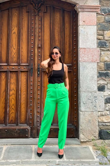 ONE COLOR BELT DETAIL WOMEN TROUSERS LIGHT GREEN/JEZB - 2