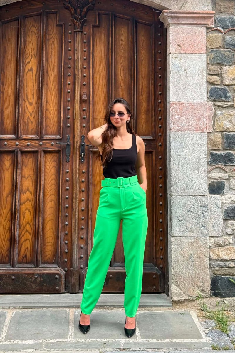 ONE COLOR BELT DETAIL WOMEN TROUSERS LIGHT GREEN/JEZB - 2