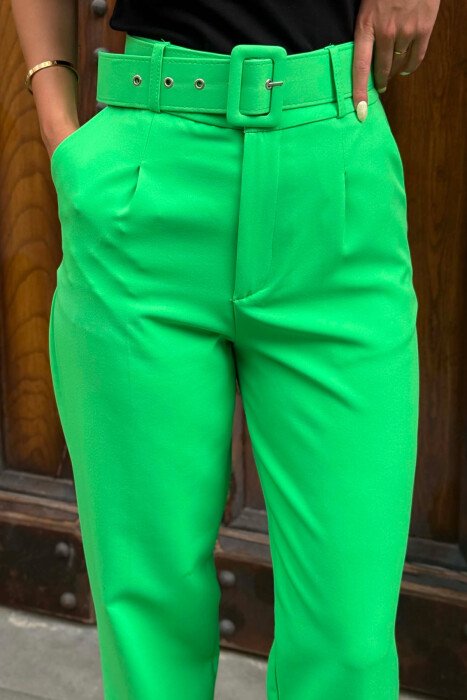 ONE COLOR BELT DETAIL WOMEN TROUSERS LIGHT GREEN/JEZB - 4
