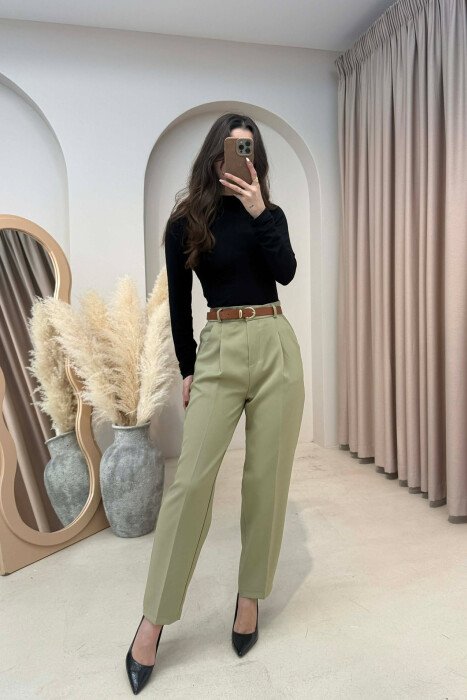 ONE COLOR BELT DETAIL WOMEN TROUSERS MINT/MENTE - 2