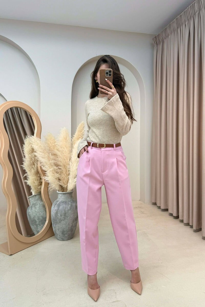 ONE COLOR BELT DETAIL WOMEN TROUSERS PINK/ROZE - 5