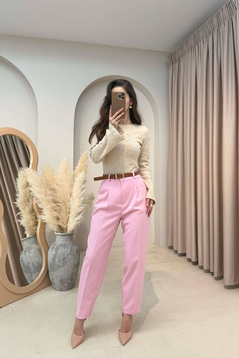 ONE COLOR BELT DETAIL WOMEN TROUSERS PINK/ROZE - 6